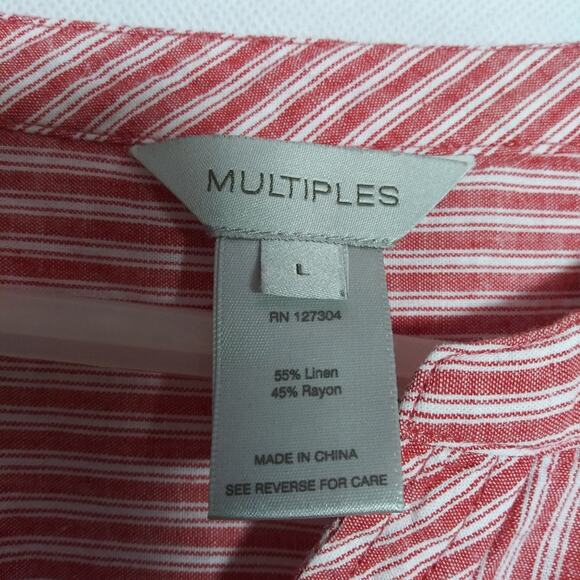 Multiples Linen Blend Striped Print Band Collar 3/4 Roll-Tab Sleeve Top Size L - Picture 4 of 5